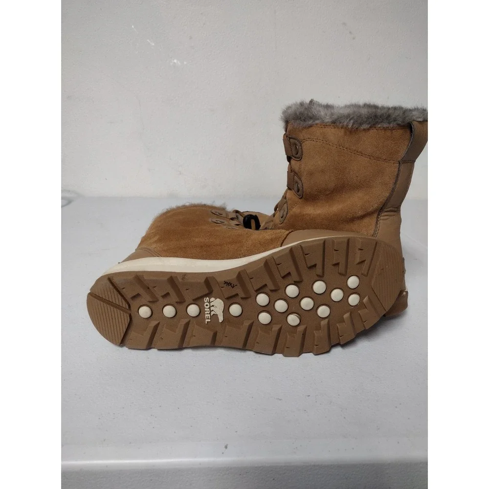 Sorel‎ Whitney Short Lace Waterproof Boots Elk Brown Suede Faux Fur Womens 7